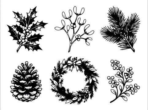 Vintage Christmas foliage vector set, hand drawn winter botanicals, holly pinecone wreath line art