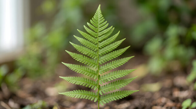 A single fresh green fern leaf frond growing vertically in a lush garden with a beautiful soft bokeh background.
