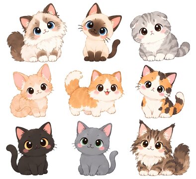 Cute Cat Cartoon Collection Set, Nine Kawaii Kittens with Different Expressions