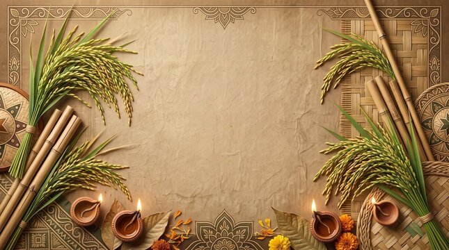Kati Bihu Assamese cultural background with rice motifs, bamboo textures and traditional lamp decoration