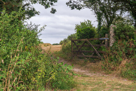 View of a rustic wooden gate leading to a rural path through fields under a cloudy sky in Bodmin, Cornwall, United Kingdom.