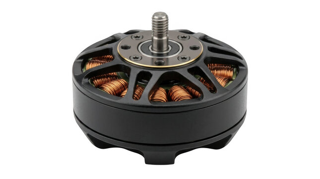 Black brushless motor for drone or rc model with copper wire coils visible isolated on transparent background
