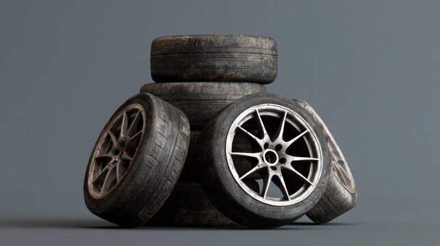 Stack of old, dirty car tires and wheels with alloy rims against a neutral background