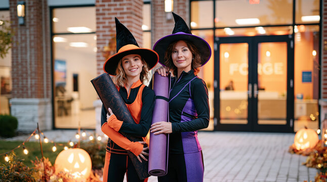 Women wearing witch hats and yoga clothes, carrying mats, celebrating halloween after a fitness class at a gym