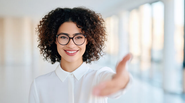 Smiling professional woman extending hand for a business handshake, greeting and welcoming collaboration or new member