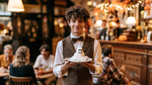 Waiter presenting halloween ghost marshmallow dessert in a cozy cafe, offering special seasonal menu items