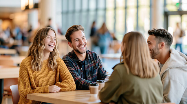 Happy young friends laughing together at a cafe, enjoying coffee and conversation during a social gathering