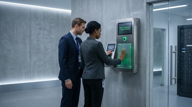 Diverse corporate professionals executing a two-person rule dual biometric hand scan for access granted outside a secure data center