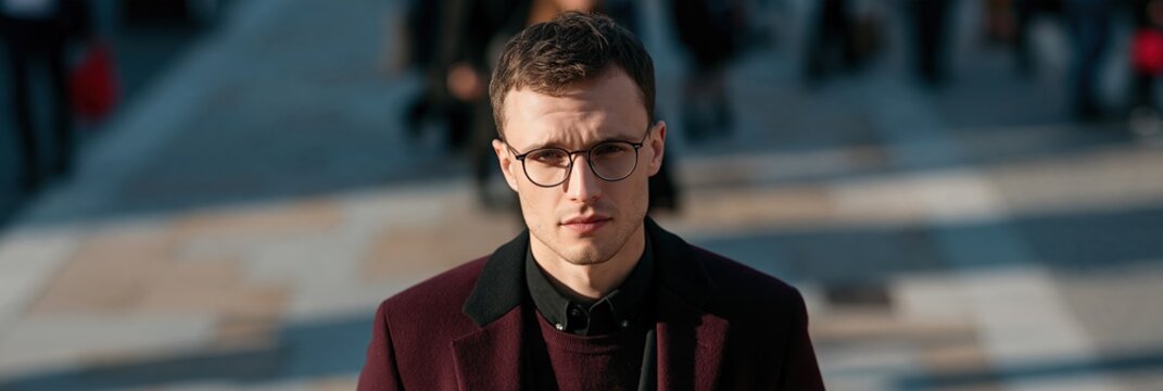 Close-up urban portrait headshot of a young man with glasses in a burgundy coat walking in a city square for profile banner background and lifestyle use