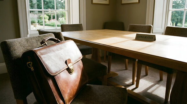A brown leather briefcase resting on a fabric chair in a formal meeting room with a reserved sign