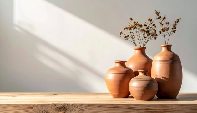 Terracotta pottery vases with dried flowers on wooden table