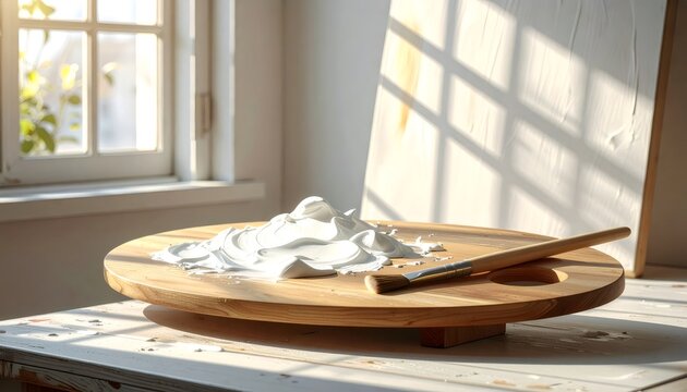 White paint on wooden palette with brush in studio light