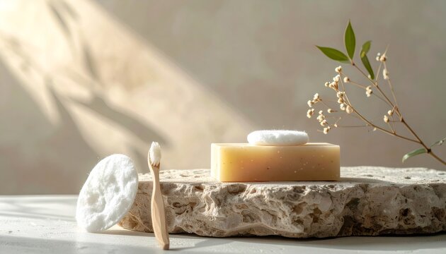 Organic soap bar, bamboo toothbrush, and cotton pad on stone