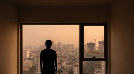 Fototapeta premium Silhouette of man standing by window looking at hazy city skyline with construction cranes, urban contemplation