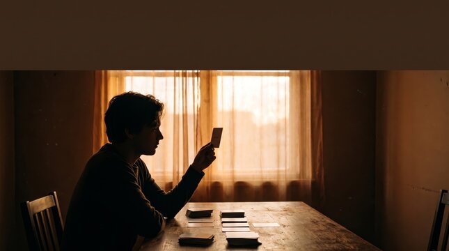 Silhouette of young man playing solitaire cards alone at table by curtained window, solitude concept