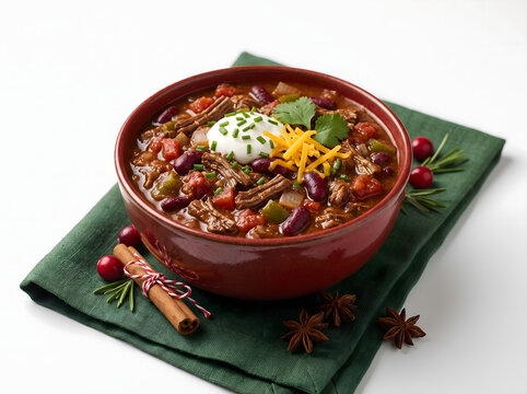 Warm winter beef chili stew in brown ceramic bowl on green cloth napkin garnished with sour cream shredded cheddar chives cinnamon sticks star anise and cranberries on clean white background