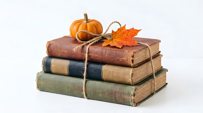 Stack of three vintage antique hardcover books bound with rustic jute twine rope and topped with a small orange pumpkin and fall maple leaf isolated on clean white background for autumn decor