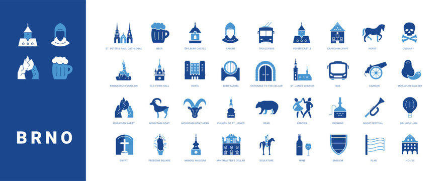 Colored filled vector icon set for Brno, Czech Republic and South Moravia for mobile apps and web interfaces.