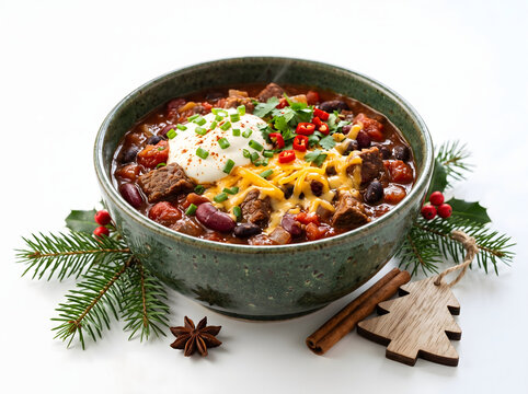 Hearty steaming hot beef chili stew in green ceramic bowl topped with sour cream cheddar and red chilies surrounded by pine needles cinnamon star anise and wooden ornament on white background