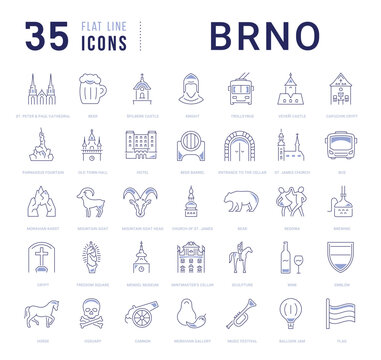 Flat line vector icon set for Brno, Czech landmarks and Moravian culture with color accents for mobile apps and web interfaces. Editable strokes.