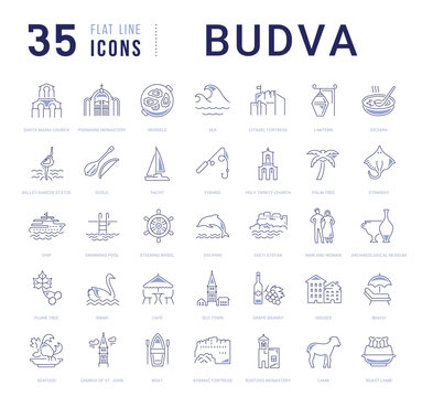 Flat line vector icon set for Budva, Montenegro travel and Adriatic tourism with color accents for mobile apps and web interfaces. Editable strokes.