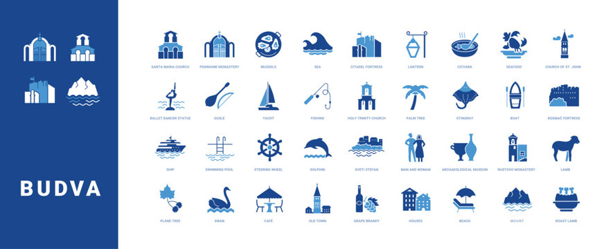 Colored filled vector icon set for Budva, Montenegro travel and Adriatic tourism for mobile apps and web interfaces.