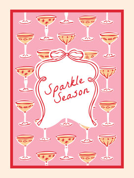 Christmas card with Sparkle Season lettering in a red bow frame on a pink pattern of festive champagne coupes