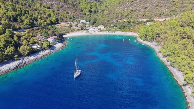 Aerial View of Pupnatska Luka Beach and an Anchored Sailboat on Korcula