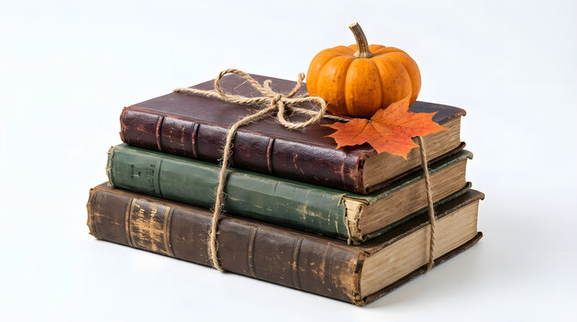 Stack of three old antique leather hardcover books tied with rustic jute twine cord and decorated with a miniature pumpkin and autumn maple leaf isolated on pure white background for decor