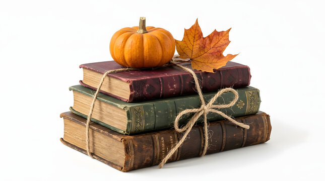 Stack of antique leather books tied with rustic jute twine string topped with small orange pumpkin and dry autumn leaf isolated on white background banner for seasonal reading and study
