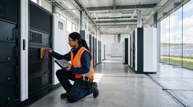 Female technician checks equipment in a modern data center with renewable energy visible outside