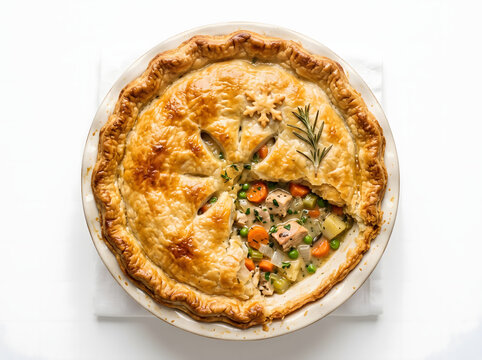 Overhead view of freshly baked chicken pot pie in ceramic baking dish with sliced golden crust revealing tender meat green peas carrots and rich savory gravy isolated on bright white background