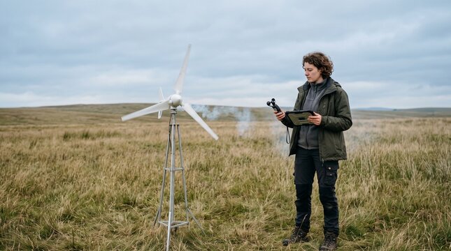Woman scientist monitors wind turbine performance in a remote field with tablet and anemometer