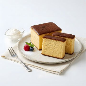 Traditional Japanese castella sponge cake slices on artisan ceramic plate served with fresh raspberry blueberry mint leaf whipped cream and silver fork isolated on clean white studio background