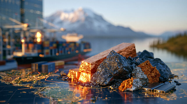 Critical minerals logistics concept with copper ingots, graphite chunks, ore core samples and battery cells positioned near cargo containers and miniature transportation routes over a world map, glo