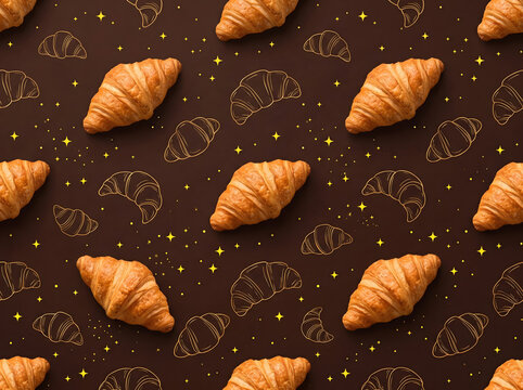 Seamless pattern of golden brown flaky butter croissants with fine line art sketches and glowing starbursts on dark chocolate brown background perfect for bakery branding and paper packaging