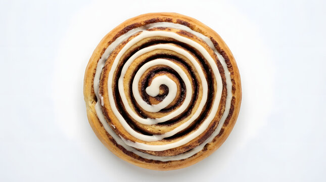 Freshly baked sweet cinnamon bun with spiral roll pattern and melted sugar icing glaze shot directly above on clean white background for artisan bakery menu and breakfast dessert design