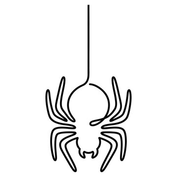 Black outline drawing of a spider hanging from a single thread on white background simple line art illustration for Halloween decoration design