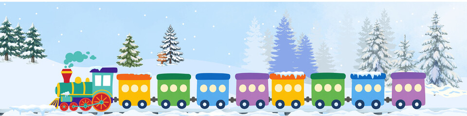 colorful cartoon train in the winter. © Queen Dahe