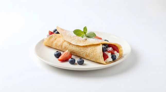 Rolled breakfast crepe stuffed with sweet whipped cream fresh juicy strawberries and ripe blueberries served on round white plate isolated on white background for cafe brunch menu display