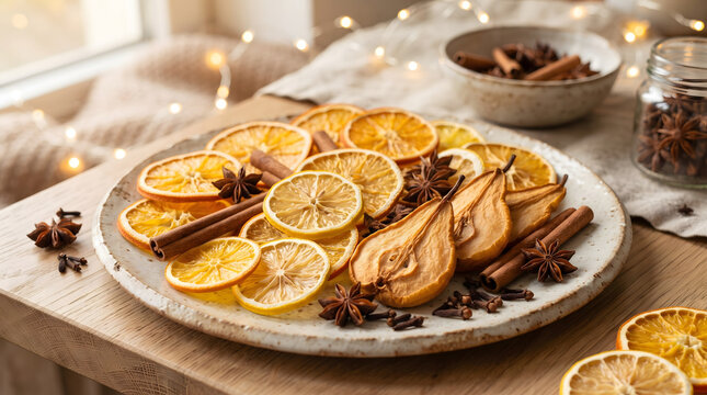 Rustic ceramic plate filled with dried orange slices cinnamon sticks star anise and dried pears on wooden table with warm glowing fairy lights in cozy festive holiday background setting