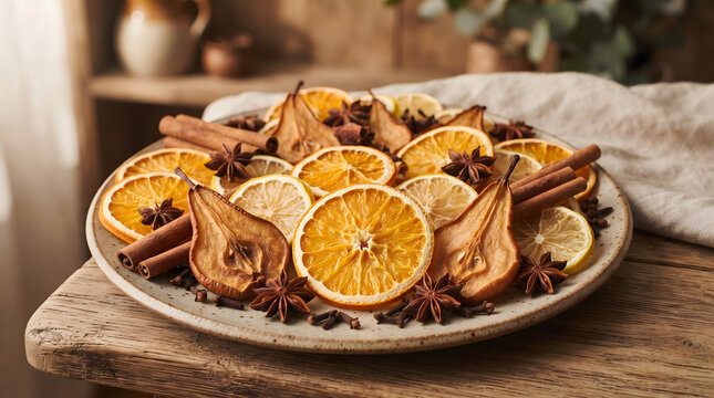 Artisan ceramic plate filled with dried citrus slices sweet dried pears cinnamon sticks and aromatic star anise on rustic wooden table for preparing hot spiced mulled wine and holiday cider