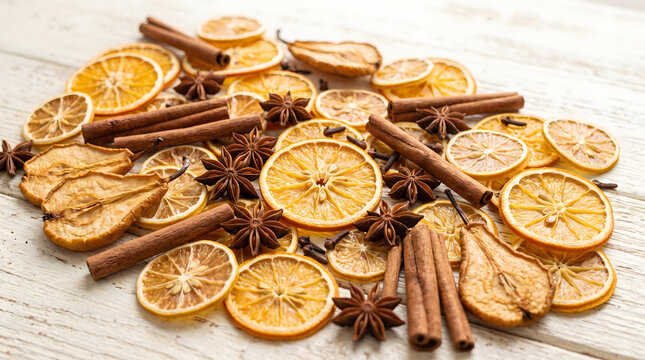 Aromatic assortment of dried orange slices lemon slices dried pears cinnamon sticks and star anise pods spread over light wooden planks for festive winter potpourri and mulled cider recipe