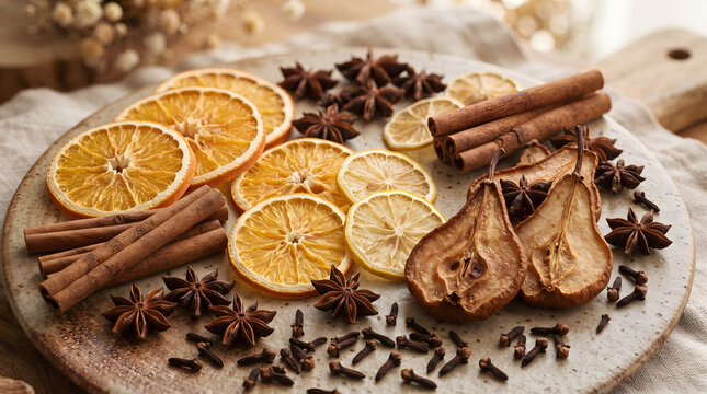 Rustic ceramic serving platter on wooden board filled with dried orange slices cinnamon sticks star anise pods and dried pear halves for aromatic christmas mulled wine and holiday baking