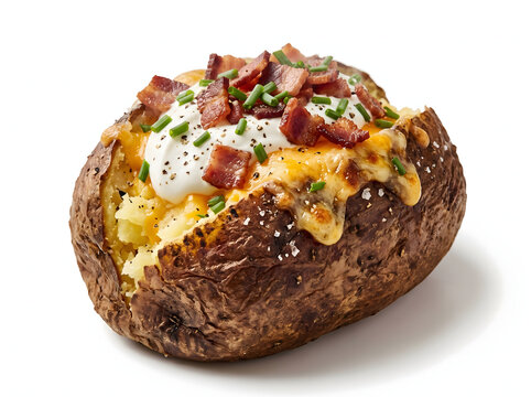 Delicious loaded baked potato with crispy skin stuffed with melted cheddar cheese cool sour cream savory crispy bacon bits and chopped fresh green chives isolated on crisp white background