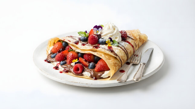 Gourmet sweet dessert crepe filled with rich chocolate hazelnut cream chantilly cream fresh berries and edible flowers served on white plate with silverware isolated on clean white background