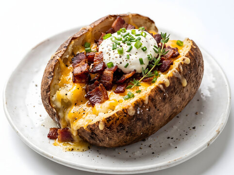 Gourmet hot baked jacket potato stuffed with rich melted yellow cheese crispy bacon lardons sour cream and fresh herbs on rustic ceramic plate isolated over a bright clean white background