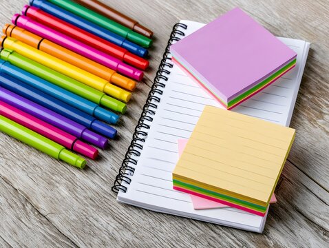 Colorful markers and sticky notes on a white dot grid notebook on a rustic wooden table