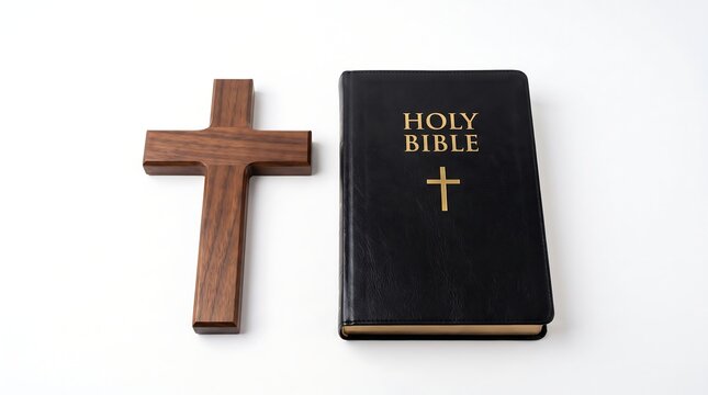 Wooden cross and holy bible book isolated on a white background