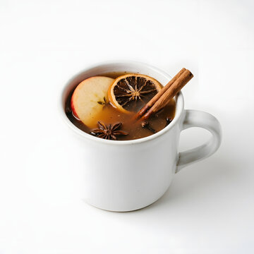 Warm spiced winter apple cider drink in a white ceramic coffee mug topped with sweet apple slice dehydrated orange wheel cinnamon sticks and aromatic star anise pods on clean white background
